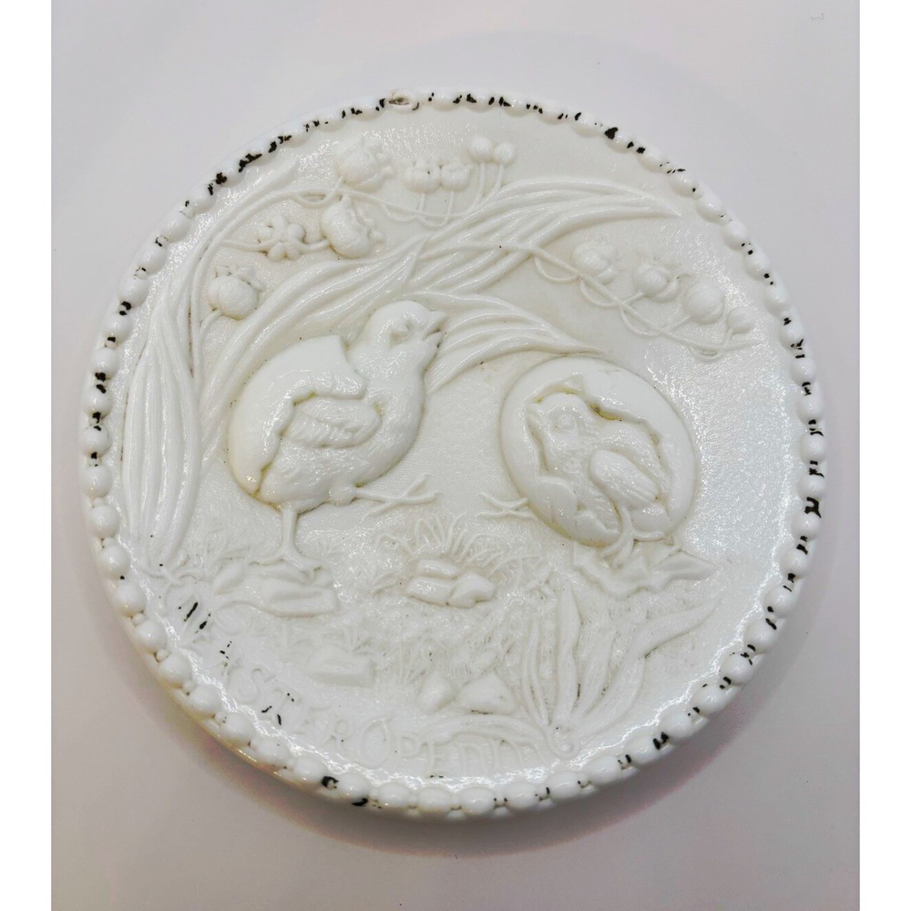 Antique Atterbury Milk Glass Easter Opening Plate Hatching Chicks 6" EAPG 1880s